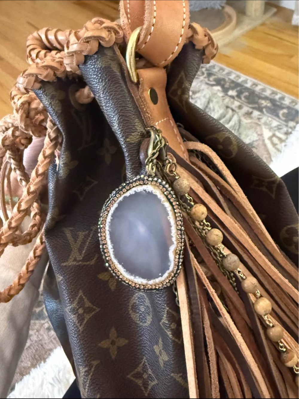 Louis Vuitton Monogram Drawstring Bucket Bag with Tan Braided Trim and Fringe - Picture 9 of 11